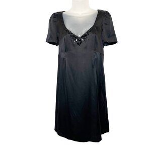 Rebecca Taylor Black Silk Babydoll mini Dress Size 8 embellished neck Y2K Retro
